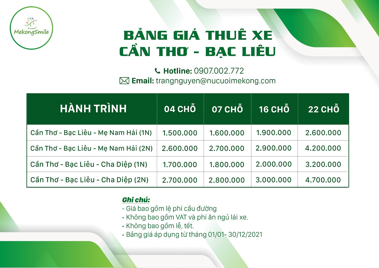 Bảng giá thuê xe du lịch đi Bạc Liêu từ Cần Thơ 2021